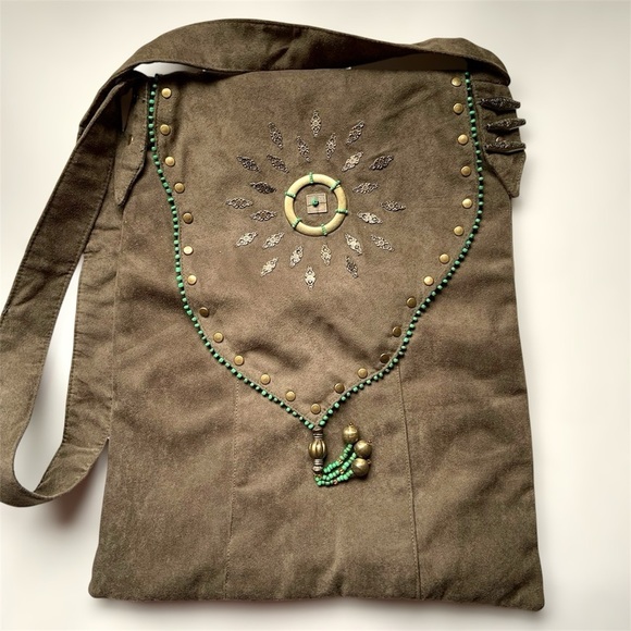 Faux suede beaded shoulder bag - Picture 1 of 7